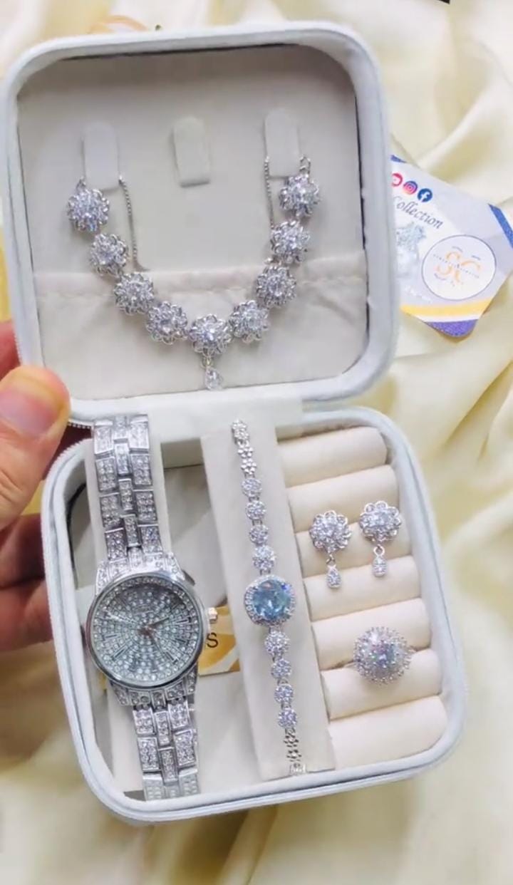 5PCS Set Luxury Watch Women Ring Necklace Earring