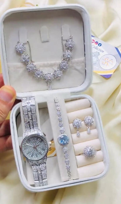 5PCS Set Luxury Watch Women Ring Necklace Earring