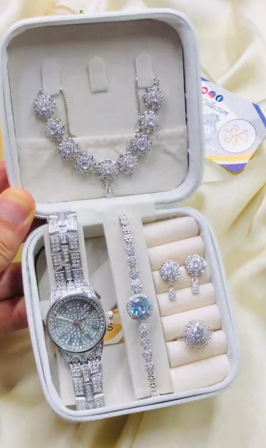 5PCS Set Luxury Watch Women Ring Necklace Earring